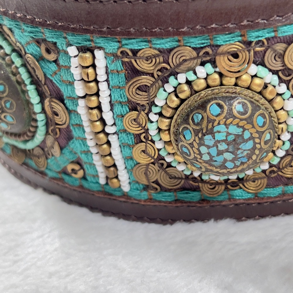 Chicos Turquoise Beaded Thick Leather Belt Womens Sz L Brown Boho Medallion - Picture 8 of 10